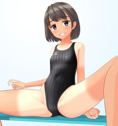 Rule 34 | 1girl, absurdres, bench, black hair, black one-piece swimsuit, blue background, blue eyes, bob cut, breasts, clothes writing, competition swimsuit, covered navel, grin, highleg, highleg swimsuit, highres, logo, looking at viewer, mizuno (brand), mole, mole under eye, one-piece swimsuit, original, short hair, sitting, small breasts, smile, solo, spread legs, striped clothes, striped one-piece swimsuit, swimsuit, takafumi, tan, tanline
