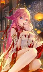Rule 34 | 1girl, absurdres, alternate costume, animal ears, bibi (obb spl), breasts, china dress, chinese clothes, dress, fox ears, genshin impact, hand fan, highres, holding, holding fan, long hair, looking at viewer, medium breasts, pink hair, purple eyes, solo, yae miko