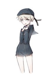 Rule 34 | 10s, 1girl, :o, bad id, bad pixiv id, beret, berver, blue eyes, bottomless, character name, clothes writing, hands on own chest, hat, hat ribbon, kantai collection, long hair, ribbon, sailor collar, sailor hat, short hair, silver hair, solo, very short hair, white background, z1 leberecht maass (kancolle)
