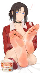 Rule 34 | !, 1girl, barefoot, between toes, black hair, blue eyes, blush, breasts, cleavage, crossed legs, feet, food, foot focus, haagen-dazs, highres, holding, holding spoon, holding with feet, ice cream, jacket, jewelry, kara no kyoukai, large breasts, laserflip, looking at viewer, medium breasts, ryougi shiki, short hair, soles, solo, spoon, sweat, toe ring, toes