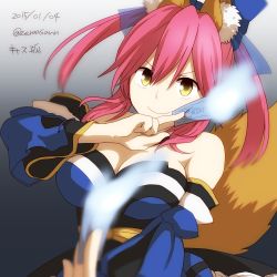 Rule 34 | 10s, 1girl, animal ears, bad id, bad pixiv id, bare shoulders, breasts, detached sleeves, fate/extra, fate (series), fox ears, fox tail, hair ribbon, japanese clothes, large breasts, ofuda, pink hair, ribbon, solo, tail, tamamo (fate), tamamo no mae (fate/extra), twintails, yellow eyes, zeroasann