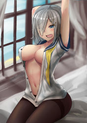 Rule 34 | 10s, 1girl, arms up, bed sheet, black pantyhose, blue eyes, blush, breasts, collarbone, cowboy shot, curtains, hair ornament, hair over one eye, hairclip, hamakaze (kancolle), kantai collection, large breasts, navel, one eye closed, open clothes, open mouth, pantyhose, school uniform, serafuku, short hair, silver hair, sin (kami148), sitting, solo, stretching, window