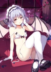Rule 34 | 1girl, alternate costume, bare shoulders, bat wings, bed, black footwear, blue hair, blush, bow, bow bra, bra, breasts, bug, butterfly, commentary request, crossed ankles, curtains, gloves, hair between eyes, hair ribbon, hand up, indoors, insect, looking at viewer, mary janes, miyase mahiro, navel, on bed, open mouth, panties, petals, red eyes, remilia scarlet, ribbon, rose petals, shoes, short hair, side-tie panties, sidelocks, sitting, small breasts, solo, stomach, strap slip, thighhighs, thighs, touhou, underwear, underwear only, untied panties, white bra, white gloves, white panties, white thighhighs, window, wings, wrist cuffs