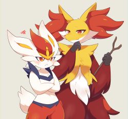 Rule 34 | 2girls, :&lt;, absurdres, animal ear fluff, animal nose, annoyed, blue fur, blush, body fur, breasts, bright pupils, chromatic aberration, cinderace, closed mouth, cowboy shot, creatures (company), crossed arms, delphox, female focus, furry, furry female, game freak, gen 6 pokemon, gen 8 pokemon, half-closed eyes, hand to own mouth, hands up, height conscious, height difference, highres, holding, holding stick, looking at another, multicolored fur, multiple girls, nintendo, pokemon, pokemon (creature), rabbit ears, rabbit girl, rabbit tail, red eyes, red fur, red hair, short hair, sideways mouth, small breasts, smile, snout, squiggle, standing, stick, subaru331, sweat, white fur, white pupils, yellow fur