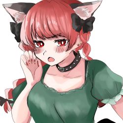 Rule 34 | 1girl, animal ears, annoyed, black bow, bow, braid, breasts, cat ears, collar, dress, earrings, extra ears, fang, green dress, hair bow, highres, jewelry, kaenbyou rin, kashiwara mana, large breasts, nail polish, puffy sleeves, red eyes, red hair, red nails, tail, touhou, twin braids, upper body, v-shaped eyebrows