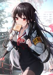Rule 34 | 1girl, armband, black hair, black skirt, black vest, blue sky, blurry, blurry background, bread, building, cherry blossoms, collared shirt, dress shirt, eunyoo, flower, food, food in mouth, highres, long hair, long sleeves, looking at viewer, mole, mole under eye, original, outdoors, pencil skirt, petals, pink flower, red eyes, school uniform, shirt, skirt, sky, solo, stairs, standing, tree, vest, white shirt
