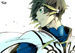 Rule 34 | 10s, 1boy, bloom, brown hair, copyright name, earrings, feathers, green eyes, jewelry, male focus, saitou rokuro, signature, simple background, smile, solo, sorey (tales), tales of (series), tales of zestiria, upper body, white background, wind, wind lift