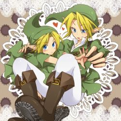 Rule 34 | 2boys, blonde hair, blue eyes, dual persona, earrings, gloves, hat, jewelry, link, male focus, multiple boys, nintendo, pointy ears, the legend of zelda, the legend of zelda: ocarina of time, tobari (brokenxxx), young link