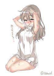 Rule 34 | 10s, 1girl, alternate costume, armpits, arms up, bad id, bad twitter id, bare arms, bare shoulders, blush, breasts, brown eyes, ebifurya, eyebrows, hair between eyes, heart, heavy breathing, highres, inactive account, kantai collection, light brown hair, long hair, looking at viewer, medium breasts, no bra, open mouth, pola (kancolle), sidelocks, simple background, sitting, smile, solo, spoken heart, sweat, sweater, sweater vest, translated, twitter username, white background, white sweater