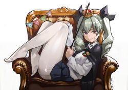 Rule 34 | 10s, 1girl, absurdres, anchovy (girls und panzer), aqua hair, cape, chair, crown, drill hair, feet, full body, girls und panzer, grin, hair ribbon, highres, holding, holding riding crop, long hair, looking at viewer, necktie, no shoes, pantyhose, purple eyes, ribbon, riding crop, simple background, sitting, skirt, smile, solo, thighband pantyhose, twin drills, whip, white background, white pantyhose, yomu (sgt epper)