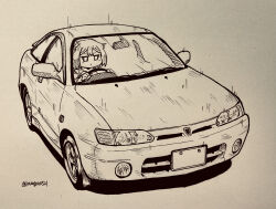 Rule 34 | 1girl, car, cevio, commentary request, datsan, driving, highres, marker, monochrome, motor vehicle, one (cevio), short hair, solo, toyota, toyota sprinter trueno, twitter username