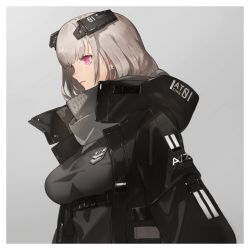 Rule 34 | 1girl, a-z b (neco), also sprach zarathustra (neco), black coat, black sweater, border, breasts, closed mouth, clothes writing, coat, commentary request, earrings, emblem, enpera, grey background, grey hair, grey scarf, headgear, high collar, jewelry, large breasts, neco, open clothes, open coat, original, pink eyes, pouch, scarf, simple background, solo, stud earrings, sweater, underbust, upper body, white border