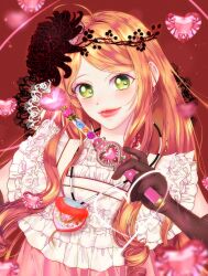 Rule 34 | 1girl, absurdres, chocolat meilleure, commentary, dress, elbow gloves, frilled dress, frills, gloves, green eyes, hair ornament, heart, highres, holding, holding stick, jewelry, jinhongnabi, korean commentary, long hair, looking at viewer, orange hair, pendant, sidelocks, smile, solo, stick, sugar sugar rune, upper body