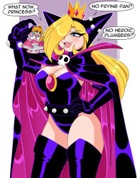 Rule 34 | 1girl, 2girls, alternate costume, blonde hair, blue eyes, breasts, detached sleeves, english text, fangs, giant, giantess, hand on own hip, highres, large breasts, latex, mario (series), mario power tennis, mario tennis, multiple girls, nico-neko, nintendo, one eye covered, open mouth, princess peach, purple background, size difference, smile, speech bubble, warupeach