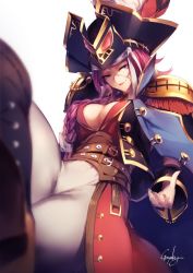 Rule 34 | 10s, 1girl, boots, braid, breasts, cleavage, cleavage cutout, clothing cutout, fate/extra, fate/grand order, fate (series), francis drake (fate), francis drake (third ascension) (fate), genyaky, hat, leggings, long hair, medium breasts, pirate costume, pirate hat, purple hair, single braid, solo
