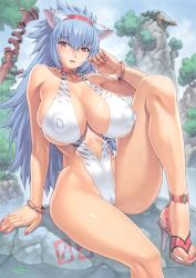 Rule 34 | 1girl, animal ears, ass, bangle, blue hair, bracelet, breasts, cameltoe, cat ears, cleavage, cleft of venus, collarbone, covered erect nipples, feet, high heels, highleg, highleg leotard, highres, huge breasts, jewelry, leg up, legs, leotard, long hair, looking at viewer, mogudan, nail polish, one-piece swimsuit, open mouth, original, puffy nipples, pussy, pussy peek, red eyes, sandals, sitting, skindentation, solo, swimsuit, thighs, toenail polish, toenails, toes