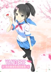 Rule 34 | 1girl, absurdres, ayano aishi, black eyes, black hair, black pantyhose, cherry blossoms, grin, happy, highres, joakim waller, letter, looking at viewer, love letter, open mouth, pantyhose, pleated skirt, ponytail, sailor collar, school uniform, serafuku, short hair, short sleeves, skirt, smile, solo, yandere, yandere simulator