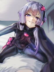 Rule 34 | 1girl, asumo arare, blurry, bodysuit, breasts, commentary request, covered erect nipples, covered navel, depth of field, grin, hair ornament, highres, latex, latex bodysuit, long hair, medium breasts, pov, purple eyes, purple hair, reaching, reaching towards viewer, shiny clothes, skin tight, smile, smug, straddling, voiceroid, yuzuki yukari