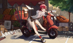 Rule 34 | 1girl, arknights, bare legs, box, bucket, cardboard box, cellphone, copyright name, day, exusiai (arknights), exusiai (city rider) (arknights), food, fruit, full body, gloves, grey footwear, grey shorts, halo, headphones, highres, holding, holding phone, hood, hood down, hooded jacket, jacket, leaning forward, light rays, looking at viewer, motor vehicle, official alternate costume, orange eyes, outdoors, parted lips, penguin logistics logo, phone, red hair, red socks, scooter, shoes, short hair, short sleeves, shorts, sitting, smartphone, smile, sneakers, socks, solo, storefront, sunbeam, sunlight, sunmyrica, tree, white gloves, white jacket