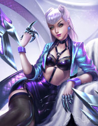 Rule 34 | 1girl, absurdres, breasts, claws, cropped jacket, demon girl, earrings, evelynn (league of legends), garter straps, highres, japu, jewelry, kneehighs, latex, league of legends, long hair, looking at viewer, makeup, open clothes, shiny clothes, silver hair, sitting, skirt, smile, socks, yellow eyes