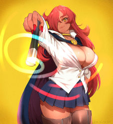 Rule 34 | 1girl, black skirt, boots, breasts, cape, cleavage, closed mouth, cowboy shot, dark-skinned female, dark skin, gradient background, hair over one eye, highres, keigi, kirche augusta frederica von anhalt zerbst, large breasts, long hair, nail polish, pleated skirt, red hair, red nails, school uniform, shirt, skirt, smile, solo, standing, thigh boots, thighs, wand, white shirt, yellow background, yellow eyes, zero no tsukaima