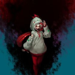 Rule 34 | 1girl, closed mouth, copyright request, extra tongue, hand up, hood, hood up, hoodie, horror (theme), inishie kumo, looking at viewer, neck ribbon, pantyhose, red eyes, red pantyhose, red ribbon, ribbon, solo, standing, torn clothes, torn sleeves, white hair