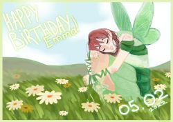 Rule 34 | 1girl, arm ribbon, artist name, artist request, bare legs, bare shoulders, blue sky, blush, braid, breasts, brown hair, butterfly wings, closed eyes, cloud, day, dress, emma verde, female focus, field, flower, flower field, freckles, grass, green dress, green nails, green ribbon, green skirt, green wings, hair between eyes, hair tie, hand on own knee, insect wings, long hair, looking at viewer, love live!, love live! nijigasaki high school idol club, miniskirt, nail, nail polish, on grass, outdoors, parted lips, plaid, plaid dress, plaid skirt, pleated, pleated dress, pleated skirt, red hair, ribbon, sitting, skirt, sky, smile, solo, twin braids, twintails, wings