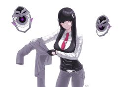 Rule 34 | 1girl, absurdres, arm out of sleeve, belt, black belt, black eyes, black hair, black vest, blazer, blunt bangs, chain, closed mouth, drone, empty eyes, expressionless, grey jacket, grey pants, hair ornament, highres, hime cut, holding, holding clothes, holding jacket, jacket, light blush, long hair, looking to the side, mole, mole under mouth, mtdt1052, nao (omega strikers), necktie, omega strikers, pants, putting on jacket, red necktie, shirt, sidelocks, simple background, solo, tie clip, vest, white background, white shirt