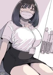 Rule 34 | 1girl, absurdres, black hair, black skirt, breasts, brown eyes, dated, hadashi no kenji, highres, indoors, large breasts, looking at viewer, mask, medium hair, mouth mask, office lady, original, short sleeves, sitting, skirt, solo, solo focus