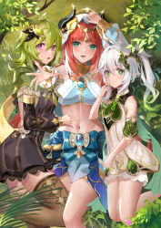 Rule 34 | 3girls, a-by, absurdres, aqua eyes, black dress, black sleeves, blue gemstone, blue nails, branch, breasts, breasts apart, brooch, brown thighhighs, capelet, circlet, closed mouth, collei (genshin impact), cross-shaped pupils, detached sleeves, dress, fake horns, finger to mouth, forehead jewel, from above, gem, genshin impact, gold choker, gradient hair, green capelet, green dress, green eyes, green hair, green sleeves, grey hair, hair between eyes, hair ornament, hand on another&#039;s stomach, harem outfit, highres, hood, hooded capelet, horns, jewelry, leaf hair ornament, long hair, looking at viewer, lying, medium breasts, medium hair, multicolored hair, multiple girls, nahida (genshin impact), navel, nilou (genshin impact), on back, on ground, on side, open mouth, outdoors, outstretched arm, purple eyes, red hair, revision, short dress, side ponytail, sleeveless, sleeveless dress, small breasts, smile, symbol-shaped pupils, thighhighs, thighlet, two-tone dress, white dress