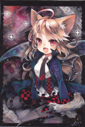 Rule 34 | 1girl, ahoge, animal ears, bat ears, bat wings, black gloves, black pantyhose, brown hair, checkered clothes, checkered skirt, colored pencil (medium), demon tail, fang, gloves, long hair, marker (medium), mosho, necktie, open mouth, original, painting (medium), pantyhose, red eyes, signature, sitting, skirt, sky, solo, star (sky), starry sky, tail, traditional media, watercolor (medium), wings