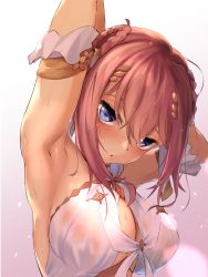Rule 34 | 1girl, armpits, arms behind head, arms up, blue eyes, breasts, cleavage, commentary request, gradient background, hair ornament, highres, large breasts, looking at viewer, medium hair, mizuha (pixiv56938668), pink background, princess connect!, red hair, see-through, solo, sweat, upper body, yui (ceremonial) (princess connect!), yui (princess connect!)