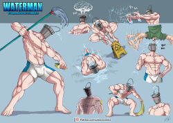 Rule 34 | 2boys, abs, absurdres, angry, asphyxiation, blue background, blush, bottle, bucket, bucket of water, character sheet, cleaning, commentary request, dripping, drowning, dual wielding, fighting, fighting stance, flailing, green shirt, hand on own hip, heart, highres, holding, holding sponge, jumping, luisocscomics, mop, motion blur, motion lines, multiple boys, multiple views, muscular, muscular male, navel, nipples, no pants, object head, patreon logo, patreon username, shaded face, shirt, signature, sliding, sound effects, spanish commentary, splashing, sponge, spray bottle, squatting, squishing, steam, thumbs up, toilet brush, topless male, towel, translated, water, waterman, waterman (comic), wet floor sign, what
