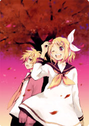 Rule 34 | 1boy, 1girl, bad id, bad pixiv id, blonde hair, blush, brother and sister, dress, hair ornament, hair ribbon, hairclip, headphones, jacket, kagamine len, kagamine rin, kuwahara souta, leaf, looking up, necktie, one eye closed, open mouth, red eyes, ribbon, sailor dress, short hair, siblings, skirt, smile, so (artist), tree, twins, vocaloid, wind, wink