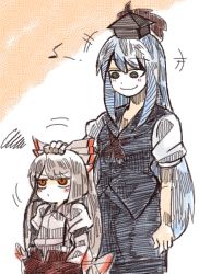 Rule 34 | +++, 2girls, aged down, albino, bad id, bad twitter id, blue hair, blush, bow, fujiwara no mokou, hair bow, hair ornament, hand on another&#039;s head, hands in pockets, hat, height difference, kamishirasawa keine, long hair, long sleeves, looking at another, multiple girls, pants, puffy sleeves, red eyes, shirt, short sleeves, simple background, skirt, skirt set, smile, suenari (peace), touhou, vest, white hair