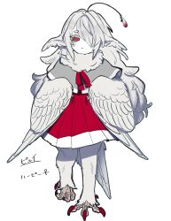 Rule 34 | 1girl, @ @, bachikin (kingyo155), bird legs, bird tail, capelet, commentary request, feathered wings, feathers, full body, grey capelet, hair over one eye, harpy, head wings, highres, long hair, monster girl, neck fur, original, pleated skirt, red eyes, red nails, red skirt, simple background, skirt, solo, tail, talons, white background, white feathers, white hair, white wings, winged arms, wings
