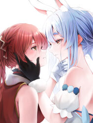 Rule 34 | 2girls, absurdres, animal ear fluff, animal ears, black gloves, blue hair, blush, gatagata1293, gloves, grabbing another&#039;s chin, hand on another&#039;s chin, hand on another&#039;s face, highres, hololive, houshou marine, houshou marine (1st costume), long hair, multiple girls, orange eyes, parted lips, rabbit ears, red hair, usada pekora, usada pekora (1st costume), virtual youtuber, white gloves, yellow eyes, yuri