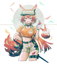 Rule 34 | 1girl, absurdres, animal ears, arknights, black collar, collar, constant qiu, cropped legs, eyewear on head, flametail (arknights), flametail (sport for all) (arknights), head-mounted display, highres, midriff, navel, orange eyes, orange shirt, pointing, red hair, shirt, shorts, smile, squirrel ears, squirrel tail, stuffed squirrel, tail, thigh strap, two-tone gloves