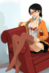 Rule 34 | 1girl, alter-22, black eyes, black hair, boruto: naruto the movie, boruto: the movie, bra, breasts, chair, cleavage, coat, eyebrows, feet, female focus, forehead, glasses, knees, legs, lingerie, looking at viewer, naruto, naruto (series), neck, open clothes, open coat, open shirt, panties, pantyhose, pantyshot, red bra, red panties, see-through, shirt, short hair, sitting, skirt, solo, suspenders, thighhighs, thighs, uchiha sarada, underwear
