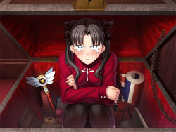 Rule 34 | 00s, 1girl, black hair, blush, fate/hollow ataraxia, fate/stay night, fate (series), flag print, game cg, magical ruby, solo, takeuchi takashi, tohsaka rin, turtleneck, twintails, two side up, union jack