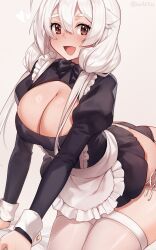 Rule 34 | 1girl, black dress, black panties, breasts, cleavage, cleavage cutout, clothing cutout, dress, fang, grey hair, heart, highres, iwbitu, japanese clothes, large breasts, leaning forward, long hair, long sleeves, looking at viewer, maid, miko, nyopu, open mouth, original, panties, red eyes, skin fang, smile, solo, thighhighs, underwear, white hair, white thighhighs, wrist cuffs