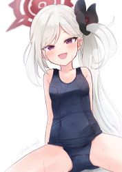 Rule 34 | 1girl, blue archive, blush, halo, highres, looking at viewer, mutsuki (blue archive), old school swimsuit, open mouth, pointy ears, purple eyes, school swimsuit, scrunchie, sese nagi, side ponytail, silver hair, spread legs, sweatdrop, swimsuit, thighs, twitter username, wet, wet clothes, white background