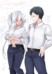 Rule 34 | 1boy, 1girl, absurdres, admiral (kancolle), alternate costume, belt, black belt, black hair, black nails, blue pants, blush, breasts, closed eyes, commentary request, dark-skinned female, dark skin, dress shirt, glasses, hands on own hips, hetero, highres, kantai collection, large breasts, long hair, matching outfits, musashi (kancolle), musashi kai ni (kancolle), nail polish, open mouth, pants, red eyes, shirt, simple background, smile, translation request, twintails, white background, white hair, white shirt, yunamaro