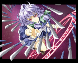 Rule 34 | 1girl, alto-00, braid, embodiment of scarlet devil, female focus, highres, izayoi sakuya, knife, magic circle, red eyes, silver hair, solo, throwing knife, too many, touhou, twin braids, weapon