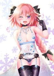 Rule 34 | 1boy, ;d, artoria pendragon (lancer alter) (fate), artoria pendragon (lancer alter) (royal icing) (fate), astolfo (fate), bad id, bad pixiv id, bare shoulders, black choker, black gloves, black legwear, blush, bow, braid, choker, crossdressing, fang, fate/grand order, fate (series), garter belt, garter straps, gloves, hair bow, heart, highres, jewelry, lingerie, long hair, male focus, navel, necklace, one eye closed, open mouth, pink hair, purple eyes, revealing clothes, royal icing, see-through, smile, thighhighs, trap, underwear, v, very long hair