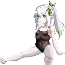Rule 34 | 1girl, absurdres, athletic leotard, ballet slippers, black leotard, breasts, covered navel, eclipse (njnr3787), expressionless, feet, genshin impact, green eyes, grey hair, hair ornament, highres, leotard, long hair, nahida (genshin impact), pantyhose, pointy ears, ponytail, simple background, single slipper, sitting, slippers, small breasts, soles, solo, spread legs, thighs, toes, white background, white pantyhose