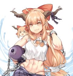 Rule 34 | 1girl, abs, blush, bow, breasts, chain, cleavage, commentary request, cuffs, foam (awa), hair bow, highres, horn bow, horn ornament, horns, ibuki suika, long hair, low ponytail, muscular, muscular female, pointy ears, shackles, smirk, touhou, yukkuri shiteitte ne