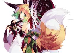 Rule 34 | 1girl, absurdres, animal ears, bare shoulders, bell, blonde hair, bridal gauntlets, detached sleeves, fox ears, fox mask, fox tail, gradient hair, green eyes, green hair, hair ornament, hair ribbon, highres, holding, huge filesize, japanese clothes, looking at viewer, mask, matching hair/eyes, multicolored hair, obi, oil-paper umbrella, open mouth, original, pleated skirt, ribbon, sash, shirokitsune, simple background, skirt, solo, tail, umbrella, white background, wide sleeves