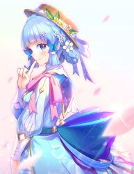Rule 34 | 1girl, absurdres, ayaka (genshin impact), back bow, blue bow, blue dress, blue eyes, blue hair, blunt bangs, blush, bow, braid, butterfly hair ornament, closed mouth, commentary request, dress, falling petals, finger to mouth, flower, from side, genshin impact, hair flower, hair ornament, hand up, hat, hat flower, hat ribbon, highres, index finger raised, kamisato ayaka, kamisato ayaka (springbloom missive), lens flare, light blue hair, long sleeves, looking at viewer, official alternate costume, official alternate hairstyle, petals, puffy long sleeves, puffy sleeves, ribbon, short hair, smile, upper body, wattyon01, white flower, white ribbon