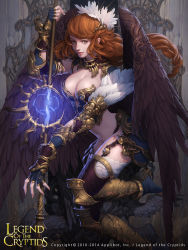 Rule 34 | 1girl, armor, bikini armor, breasts, brown hair, cglange, cleavage, copyright name, dated, feathered wings, fingerless gloves, gloves, grey eyes, highres, large breasts, legend of the cryptids, lips, magic, solo, staff, thighhighs, wings